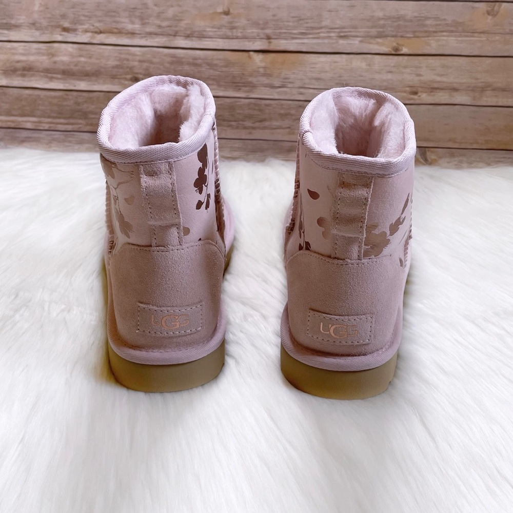 UGG Classic Mini Floral Foil Seashell Pink Boots - Picture 4 of 10